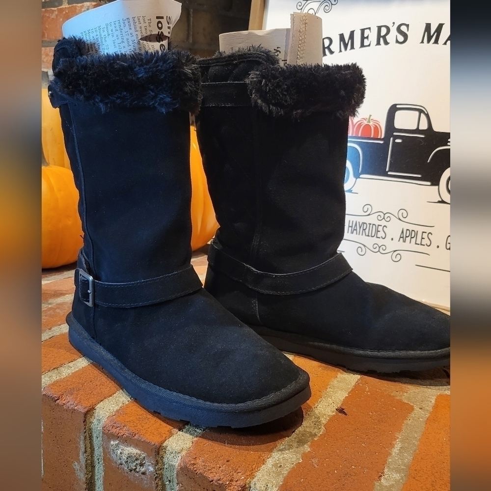 Sonoma quilted black suede mid-calf faux fur lined fuzzy boots - Picture 2 of 7